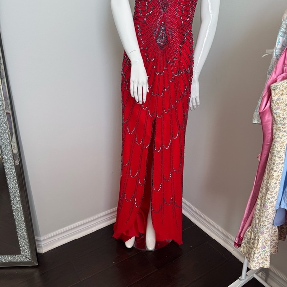 Vintage Red Beaded Gown Art Deco Revival Halter Dress | Old Hollywood Glamour 4 - Picture 5 of 12